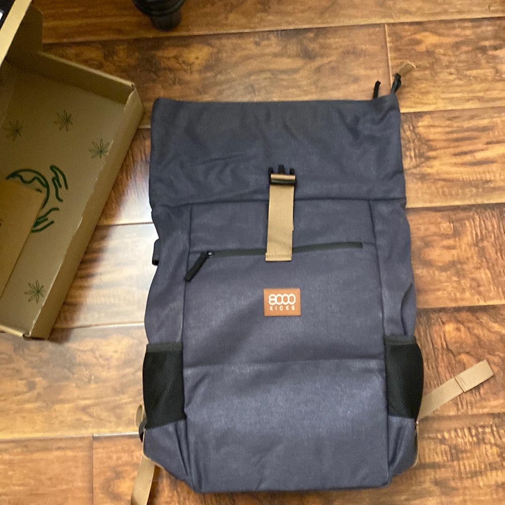 Navy Roll-Top Backpack with Tan Accent
